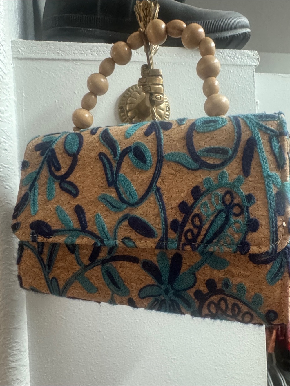 Boho Embroidered Cork Handbag with Wooden Bead Handle - Teal & Navy